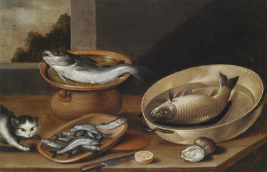Fischstillleben mit Katze